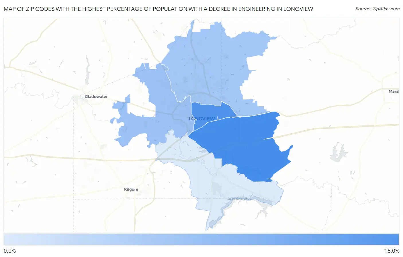 Zip Codes with the Highest Percentage of Population with a Degree in Engineering in Longview Map