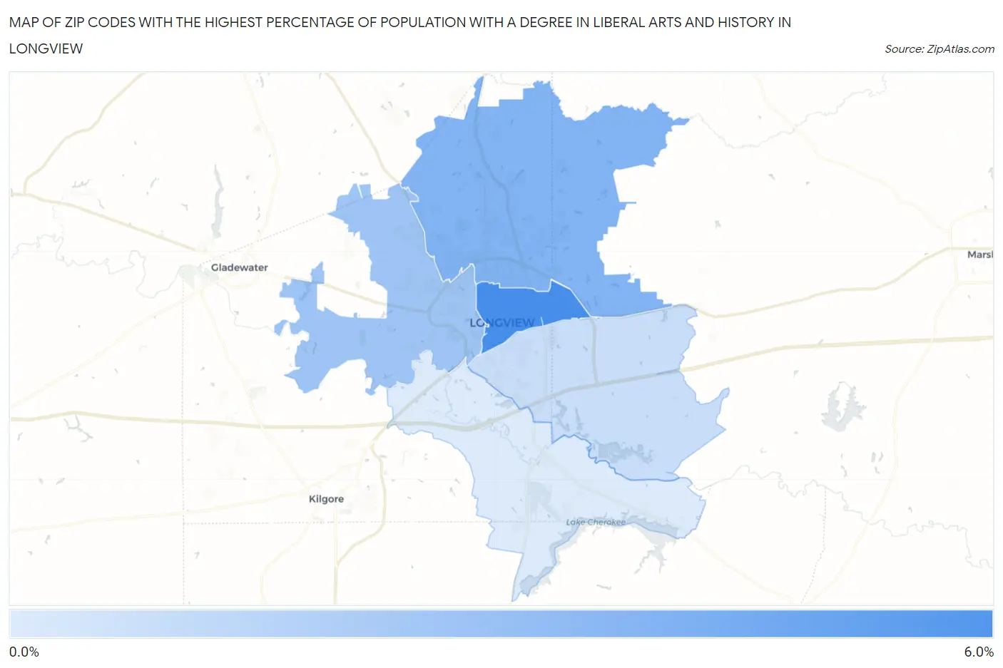 Zip Codes with the Highest Percentage of Population with a Degree in Liberal Arts and History in Longview Map