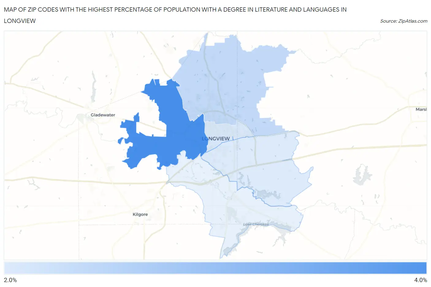 Zip Codes with the Highest Percentage of Population with a Degree in Literature and Languages in Longview Map