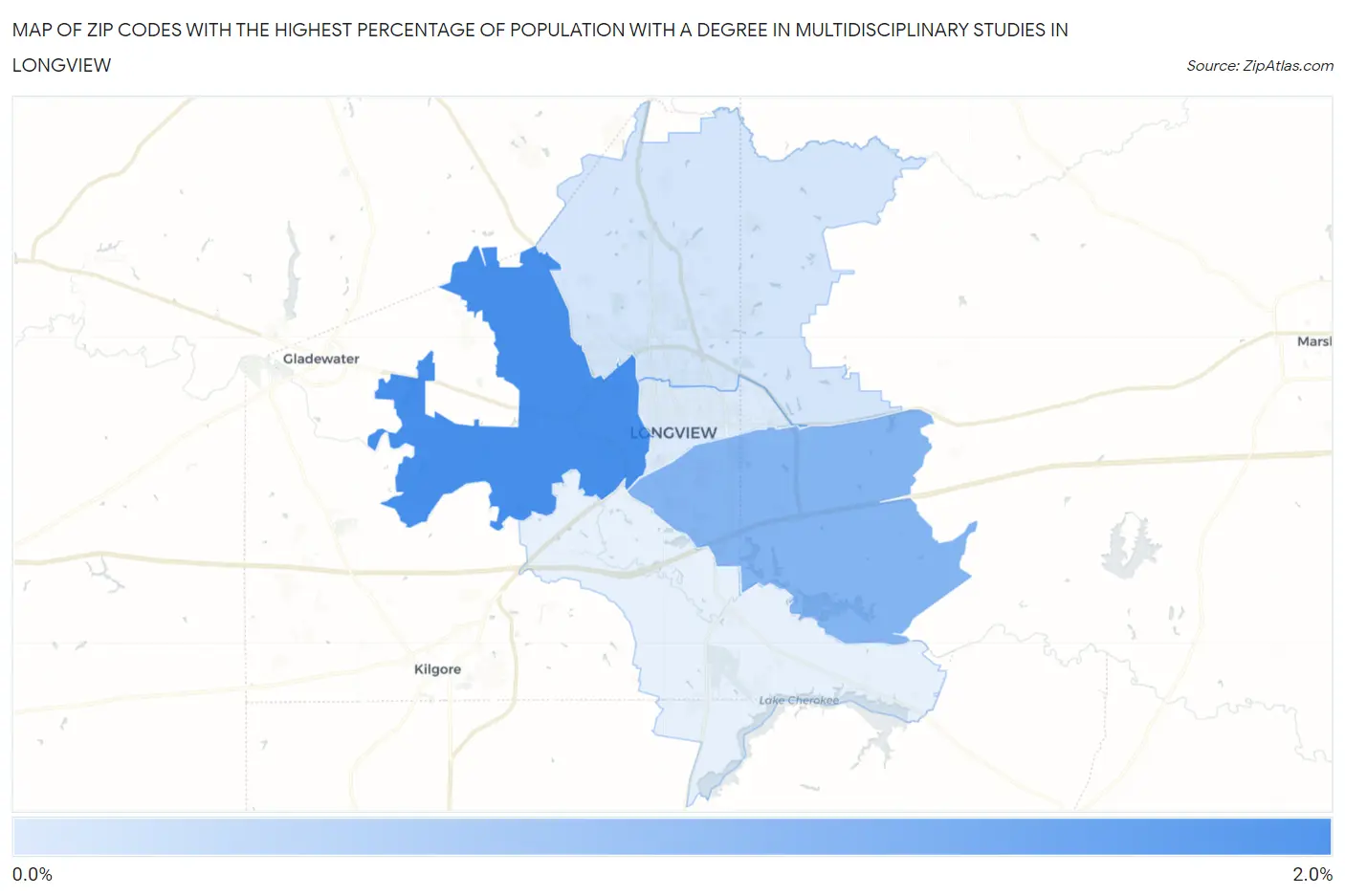 Zip Codes with the Highest Percentage of Population with a Degree in Multidisciplinary Studies in Longview Map