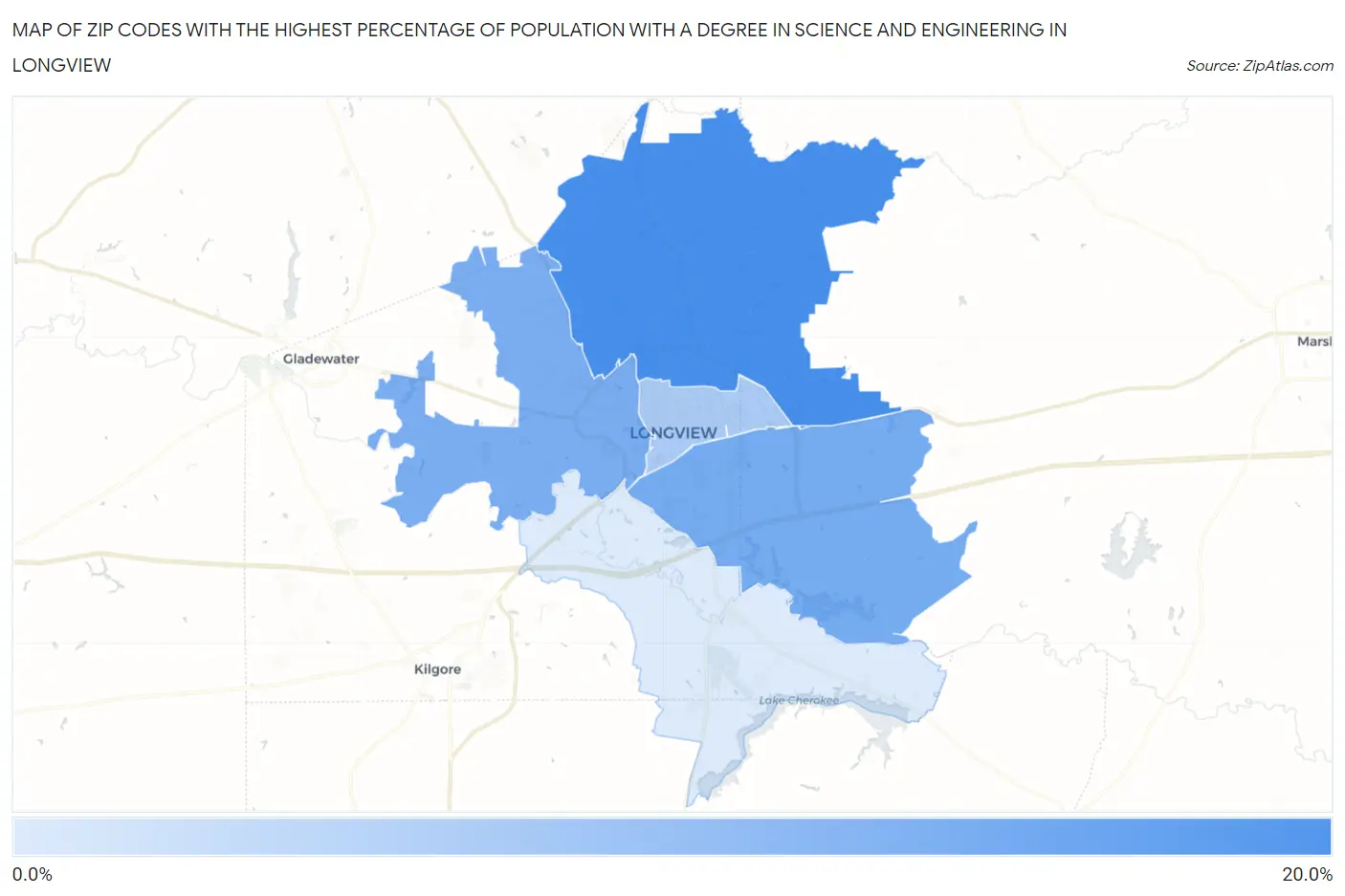 Zip Codes with the Highest Percentage of Population with a Degree in Science and Engineering in Longview Map