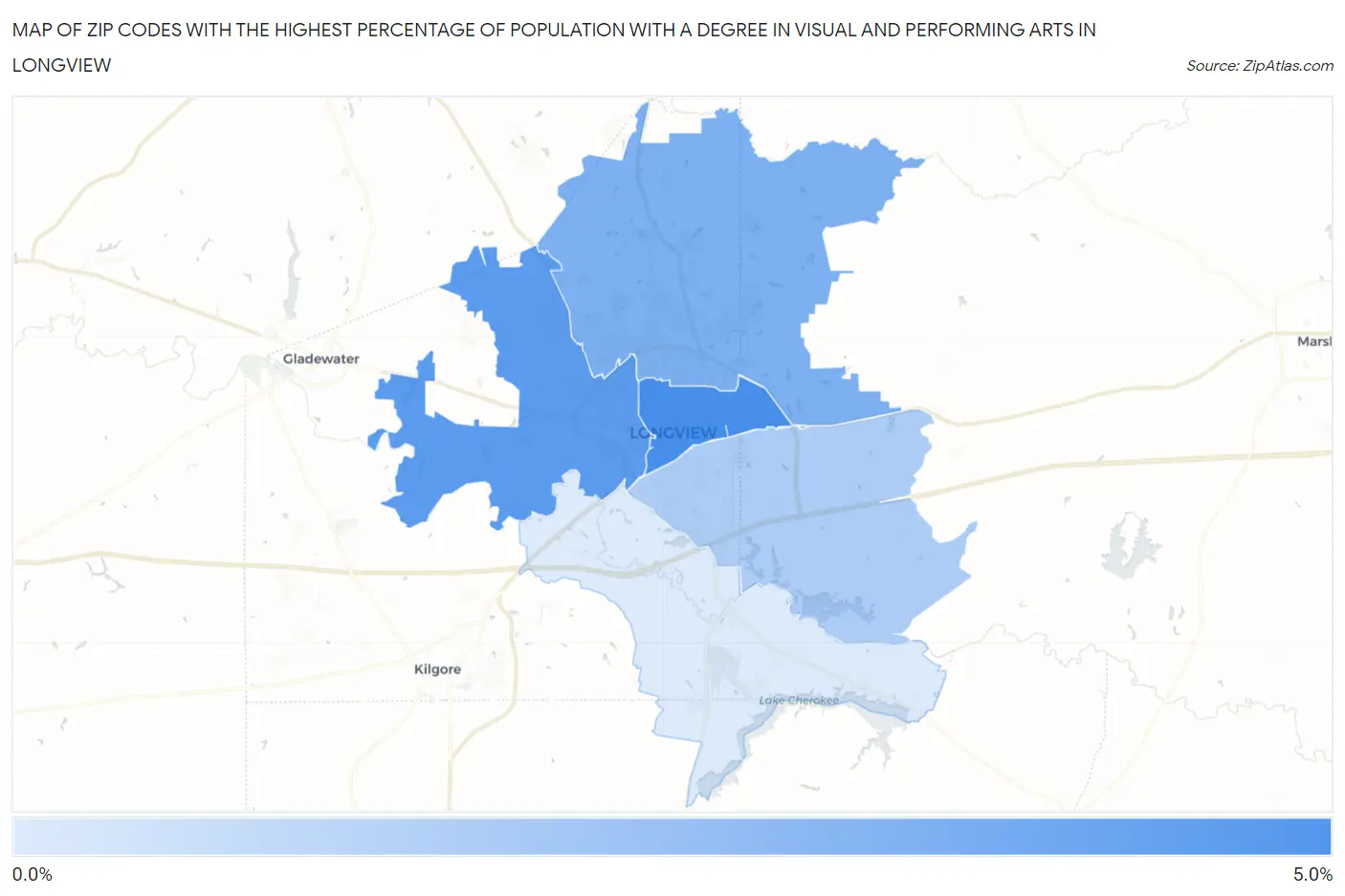 Zip Codes with the Highest Percentage of Population with a Degree in Visual and Performing Arts in Longview Map