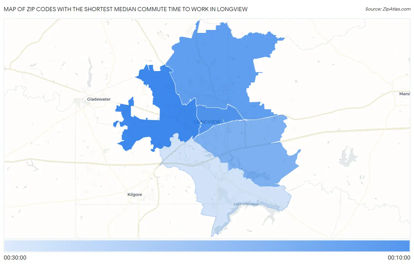 Zip Codes with the Shortest Median Commute Time to Work in Longview Map