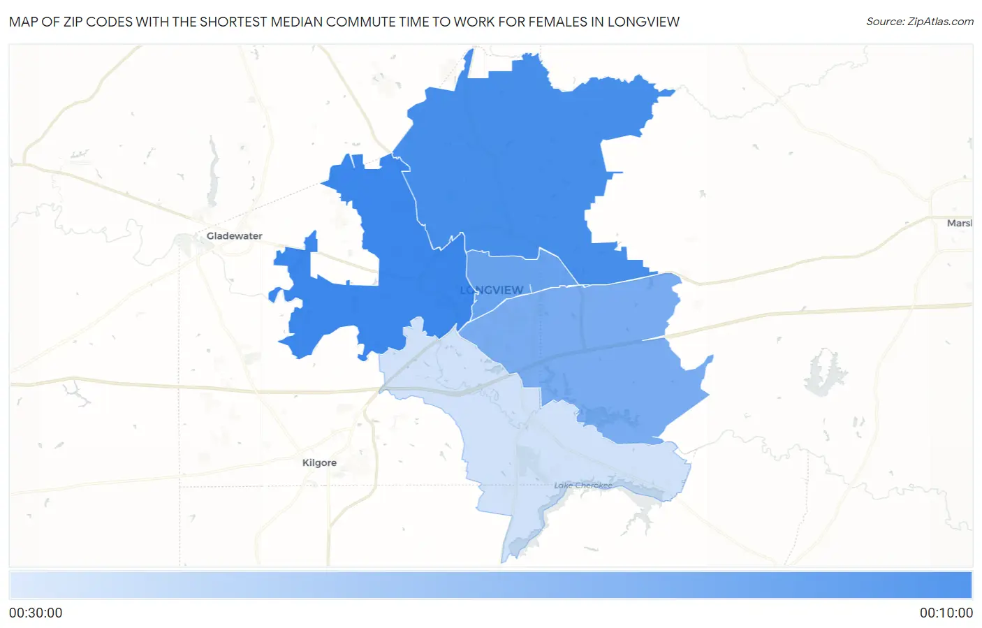 Zip Codes with the Shortest Median Commute Time to Work for Females in Longview Map