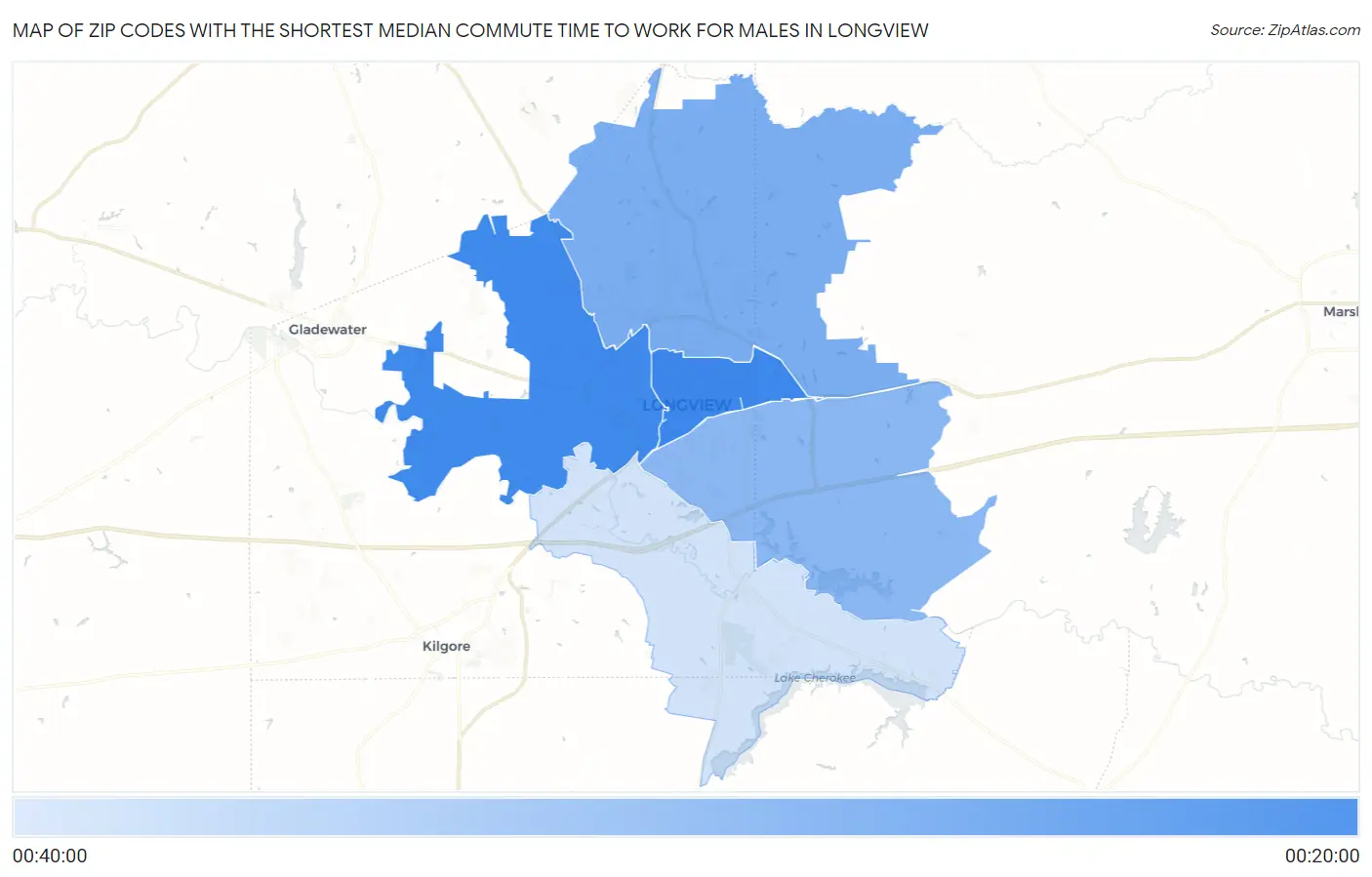 Zip Codes with the Shortest Median Commute Time to Work for Males in Longview Map