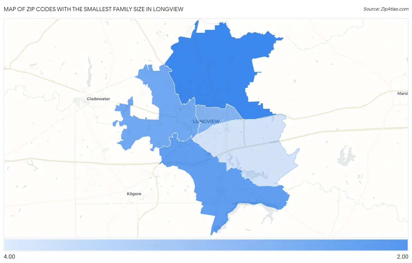 Zip Codes with the Smallest Family Size in Longview Map