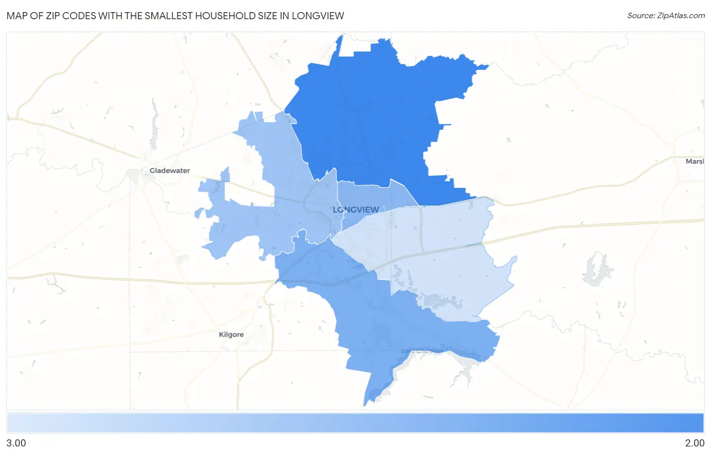Zip Codes with the Smallest Household Size in Longview Map