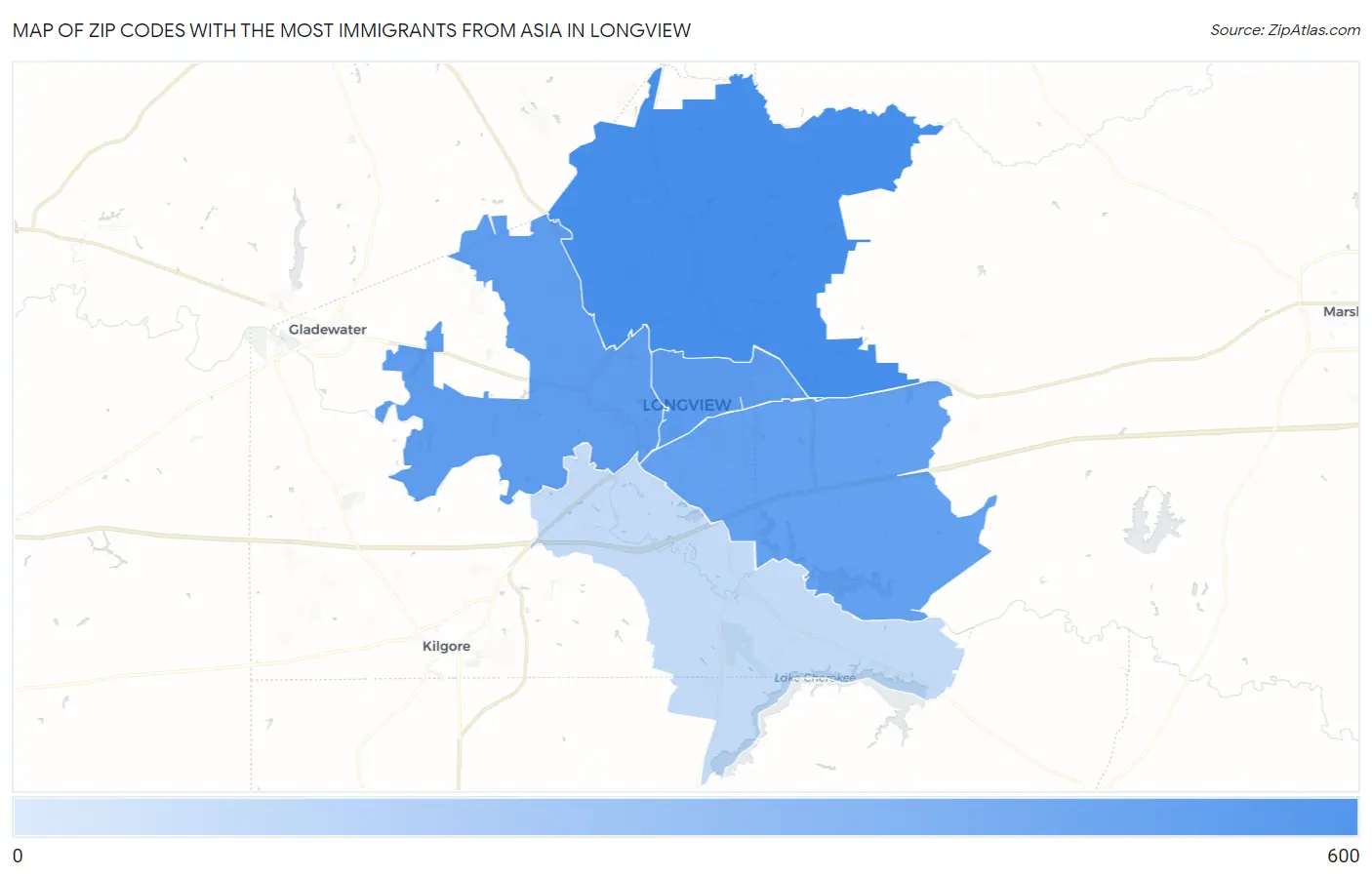 Zip Codes with the Most Immigrants from Asia in Longview Map