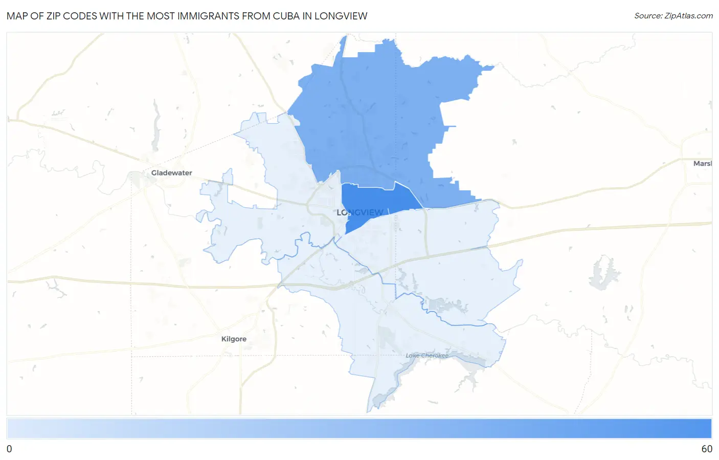 Zip Codes with the Most Immigrants from Cuba in Longview Map