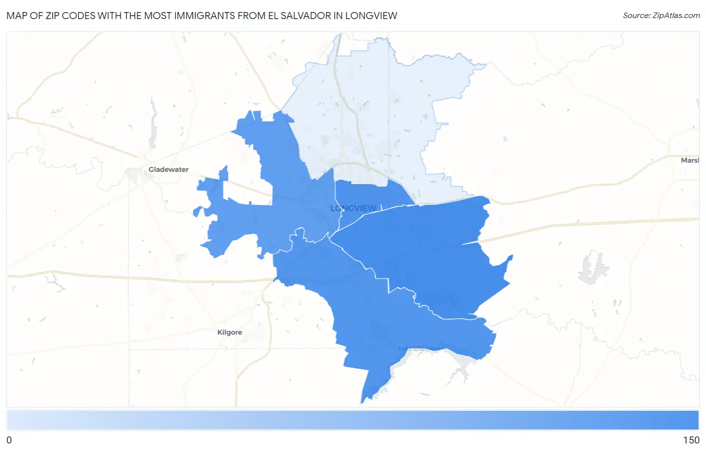 Zip Codes with the Most Immigrants from El Salvador in Longview Map