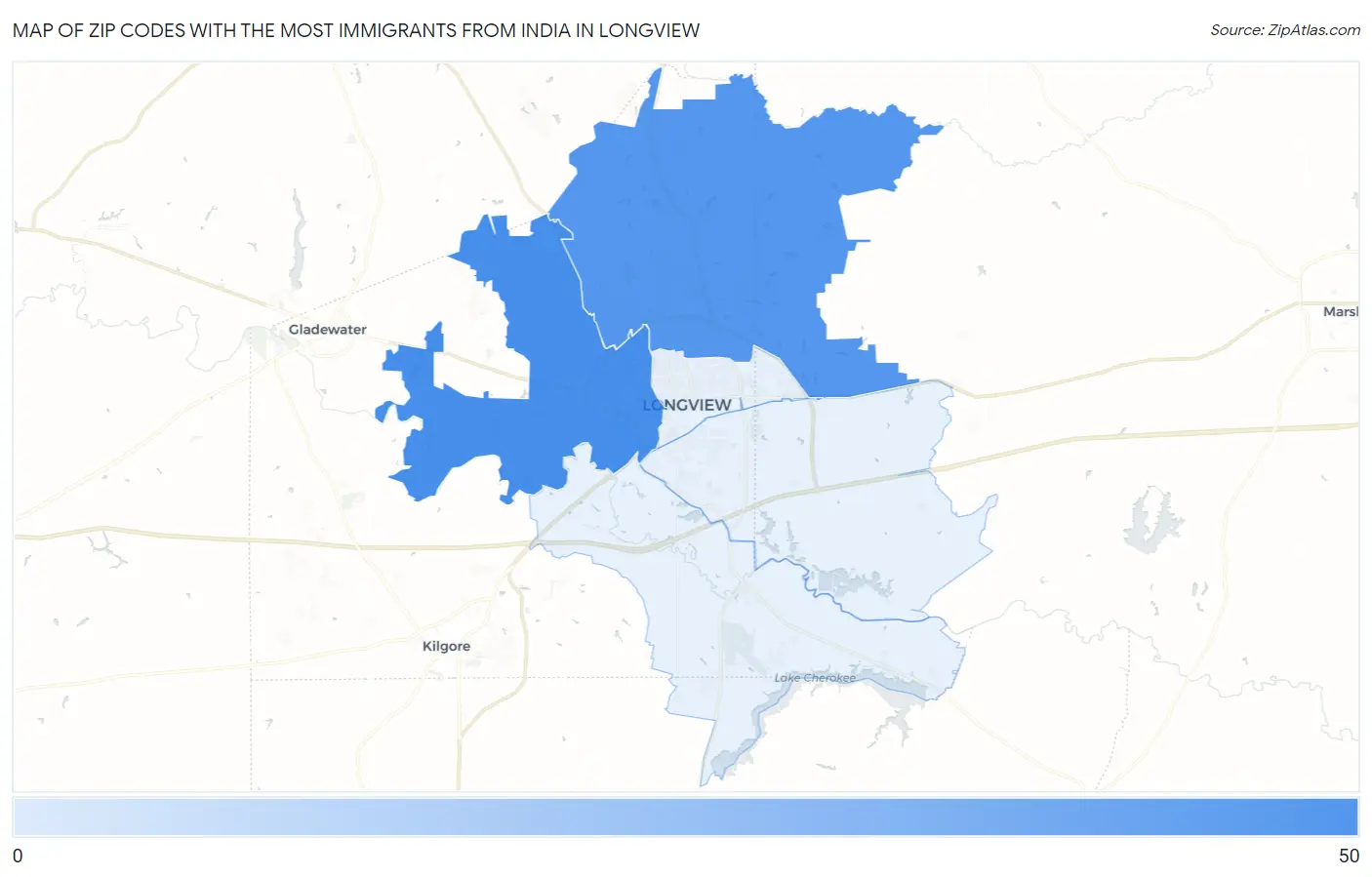 Zip Codes with the Most Immigrants from India in Longview Map