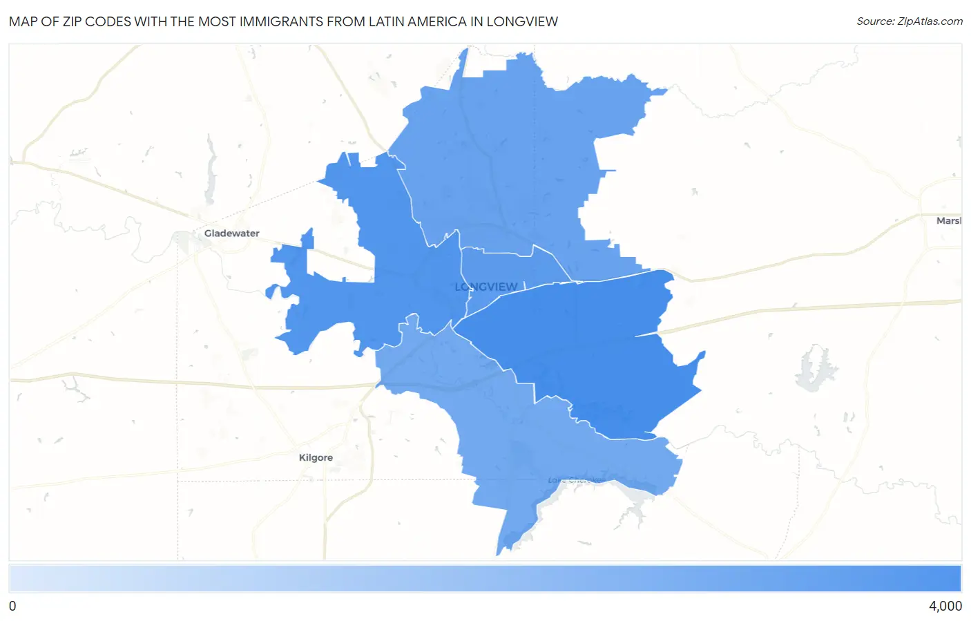 Zip Codes with the Most Immigrants from Latin America in Longview Map