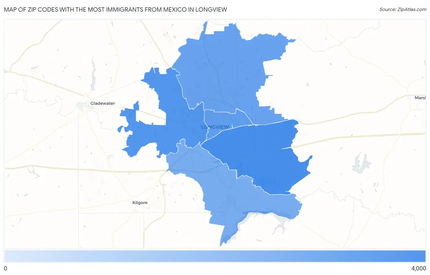 Zip Codes with the Most Immigrants from Mexico in Longview Map