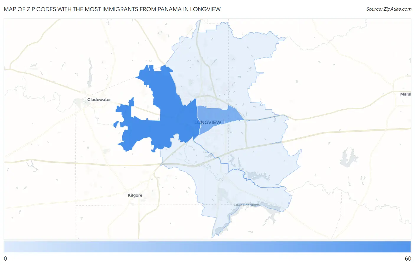 Zip Codes with the Most Immigrants from Panama in Longview Map