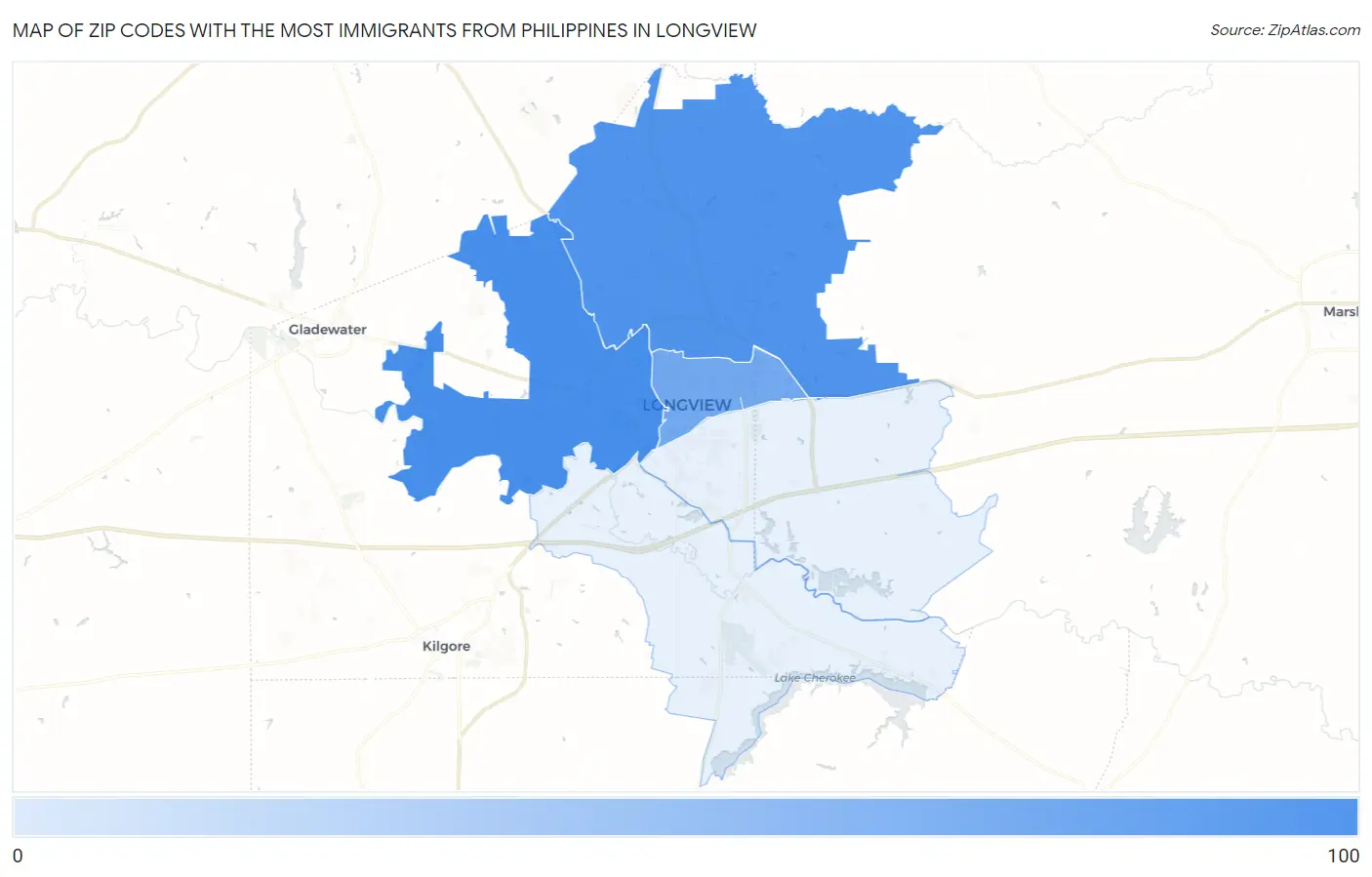 Zip Codes with the Most Immigrants from Philippines in Longview Map