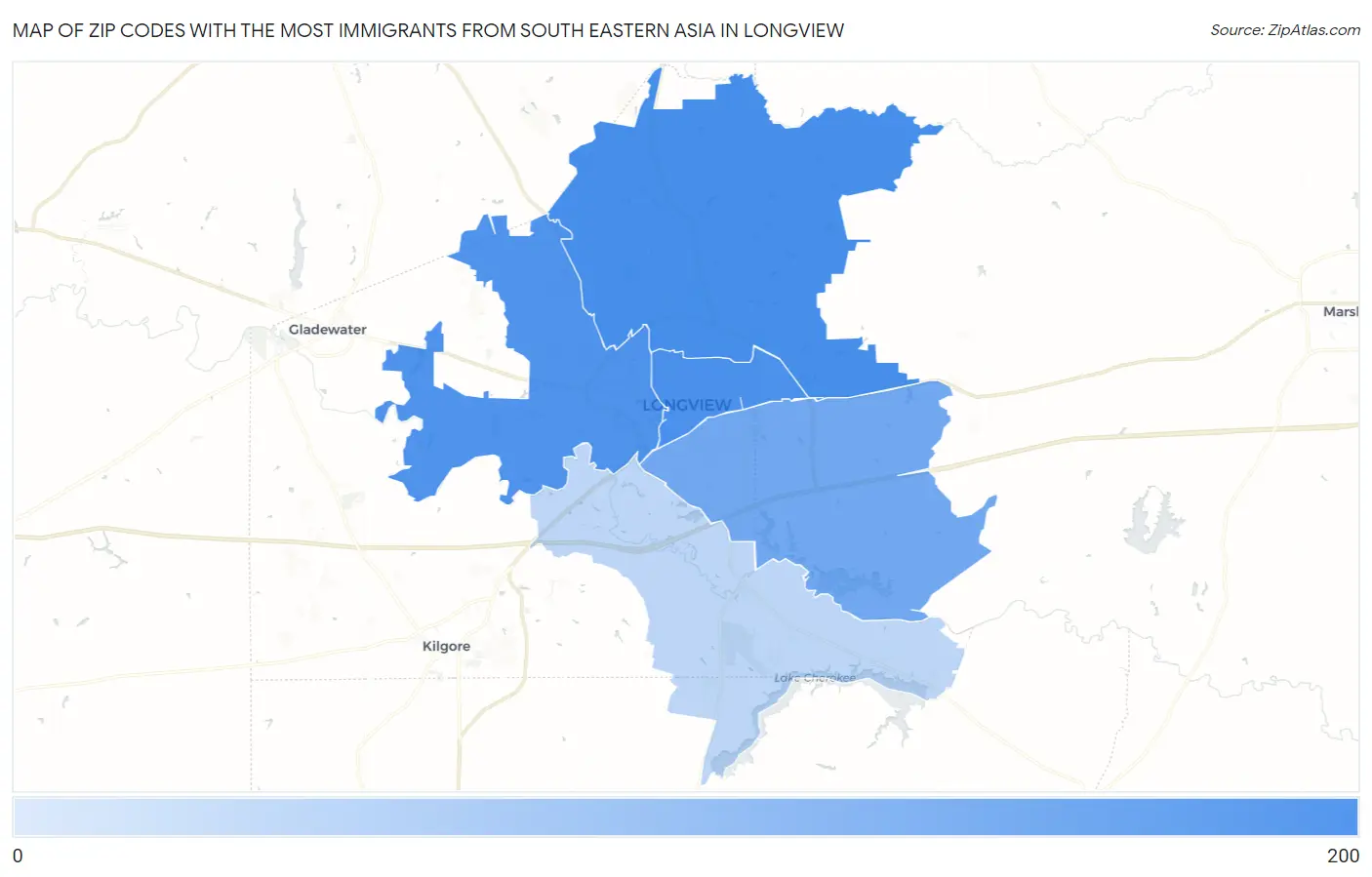 Zip Codes with the Most Immigrants from South Eastern Asia in Longview Map