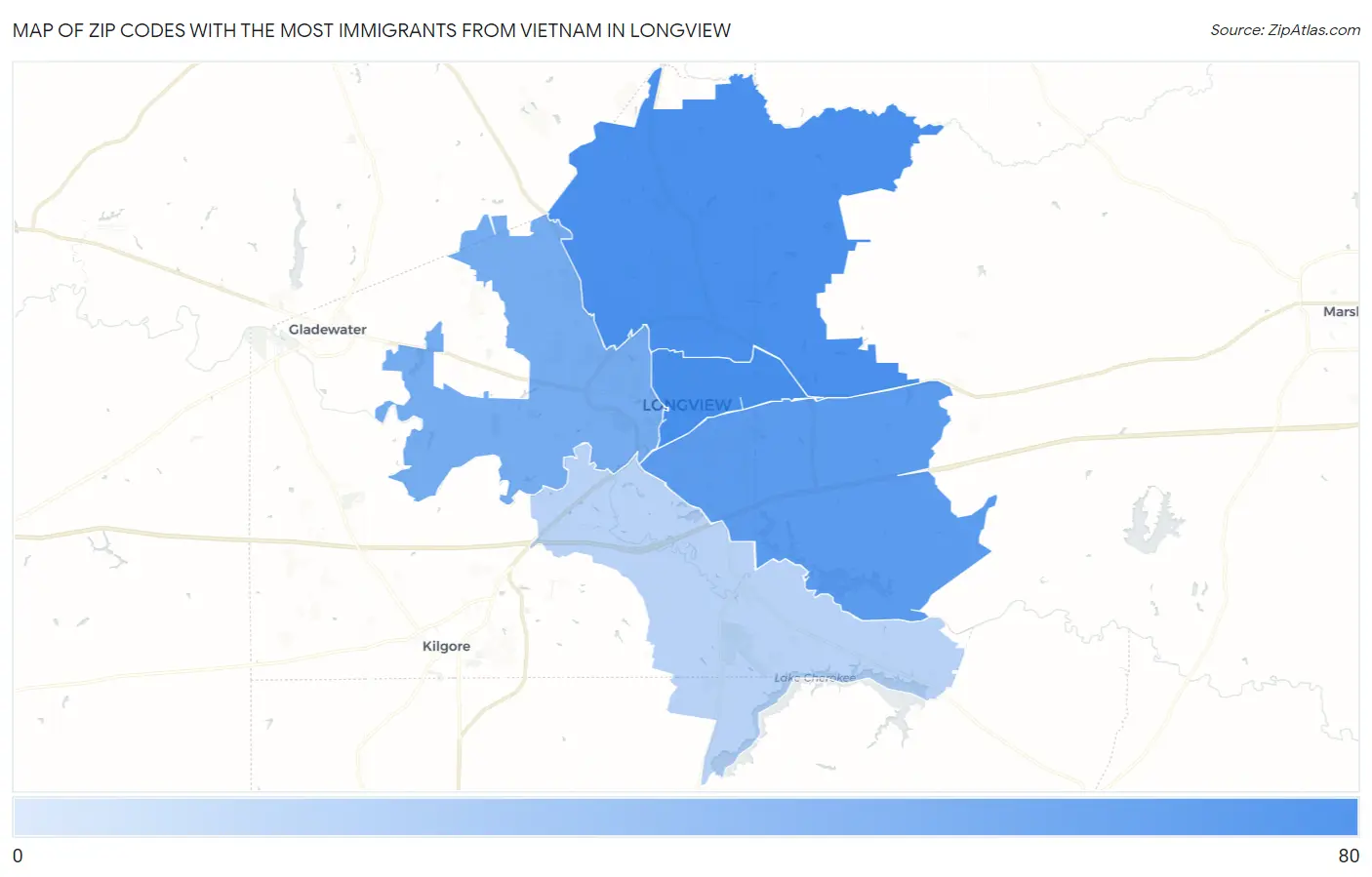 Zip Codes with the Most Immigrants from Vietnam in Longview Map