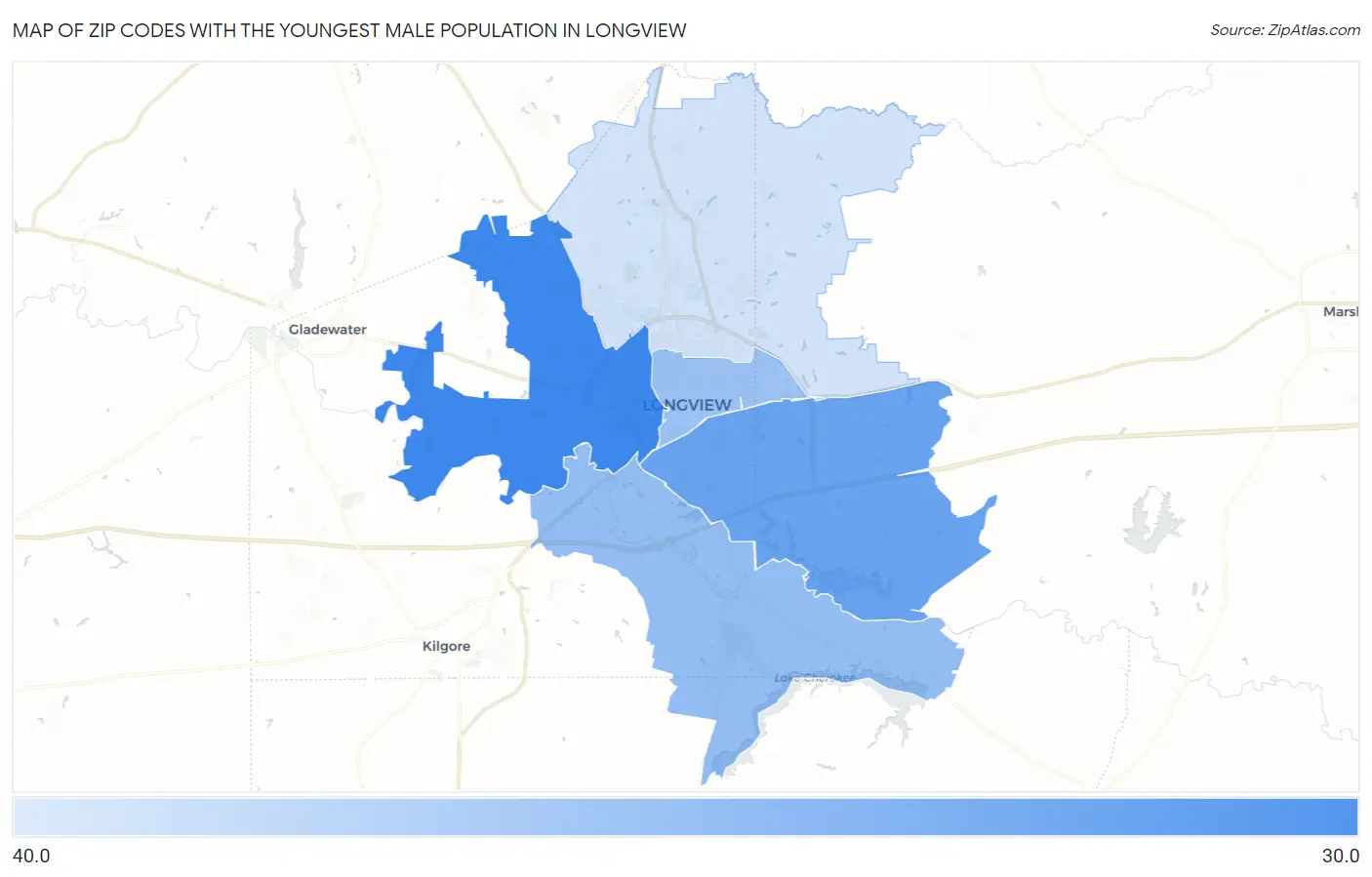 Zip Codes with the Youngest Male Population in Longview Map