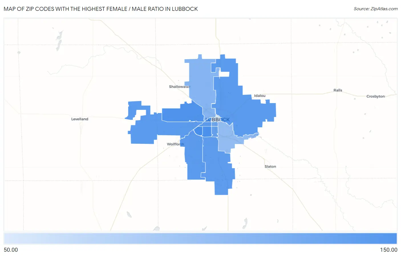 Zip Codes with the Highest Female / Male Ratio in Lubbock Map