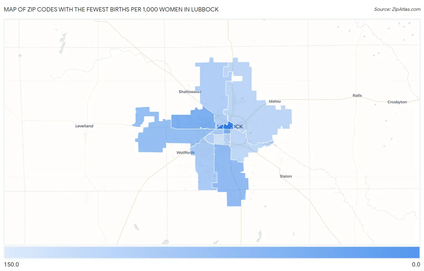 Zip Codes with the Fewest Births per 1,000 Women in Lubbock Map