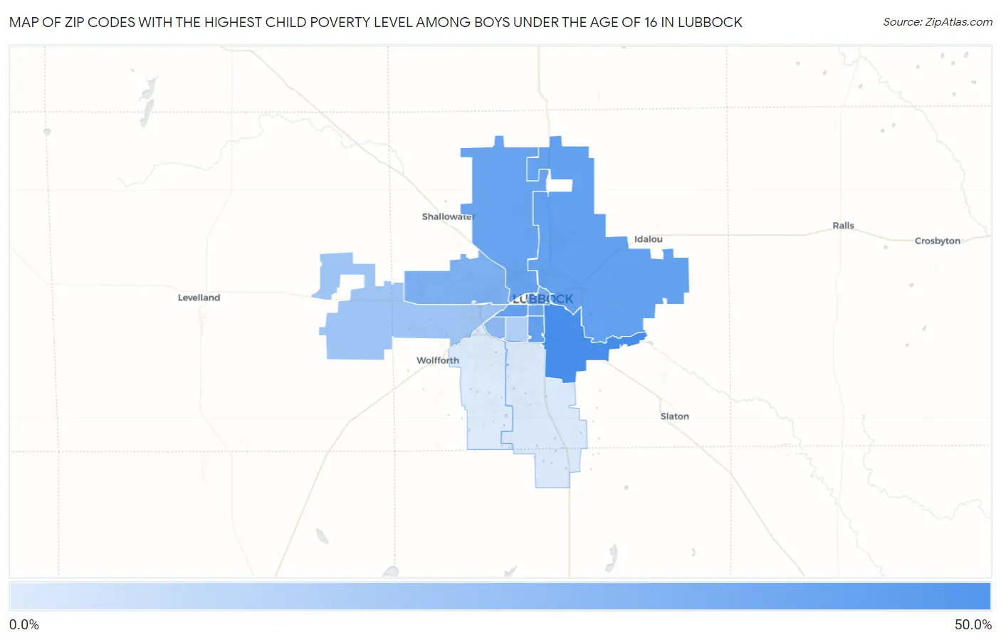 Zip Codes with the Highest Child Poverty Level Among Boys Under the Age of 16 in Lubbock Map