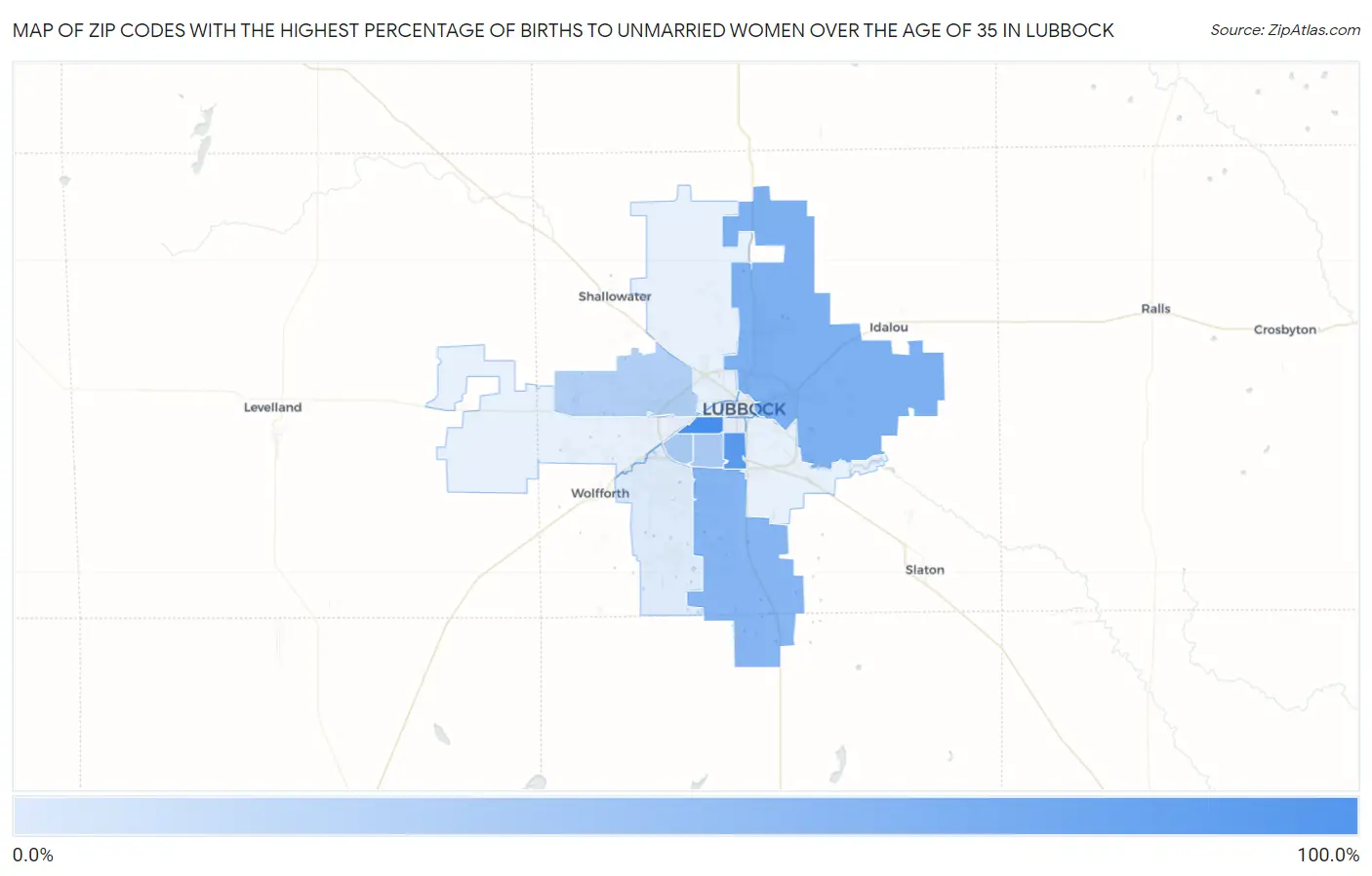 Zip Codes with the Highest Percentage of Births to Unmarried Women over the Age of 35 in Lubbock Map