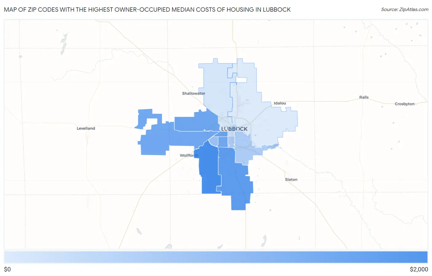 Zip Codes with the Highest Owner-Occupied Median Costs of Housing in Lubbock Map