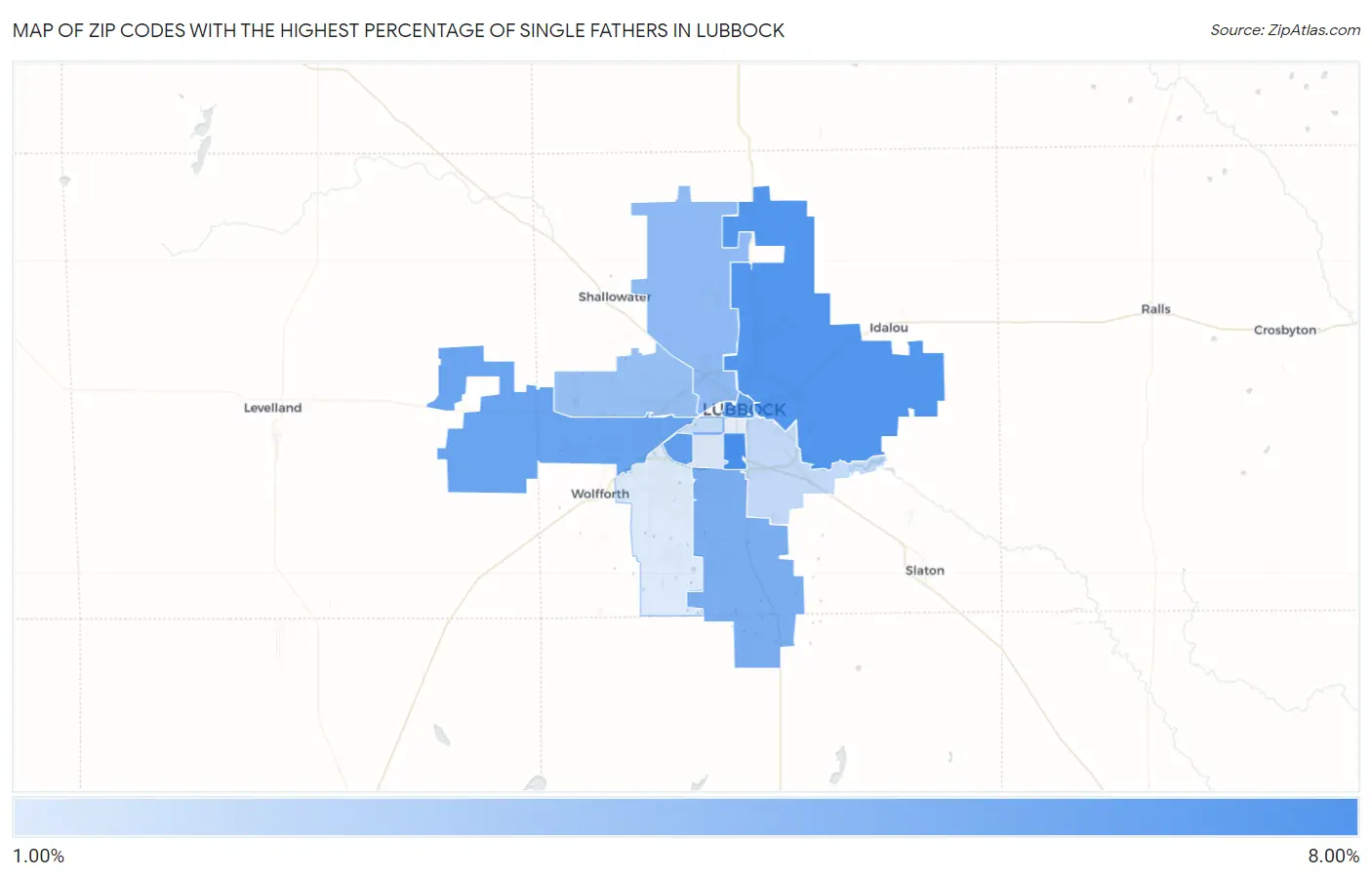 Zip Codes with the Highest Percentage of Single Fathers in Lubbock Map