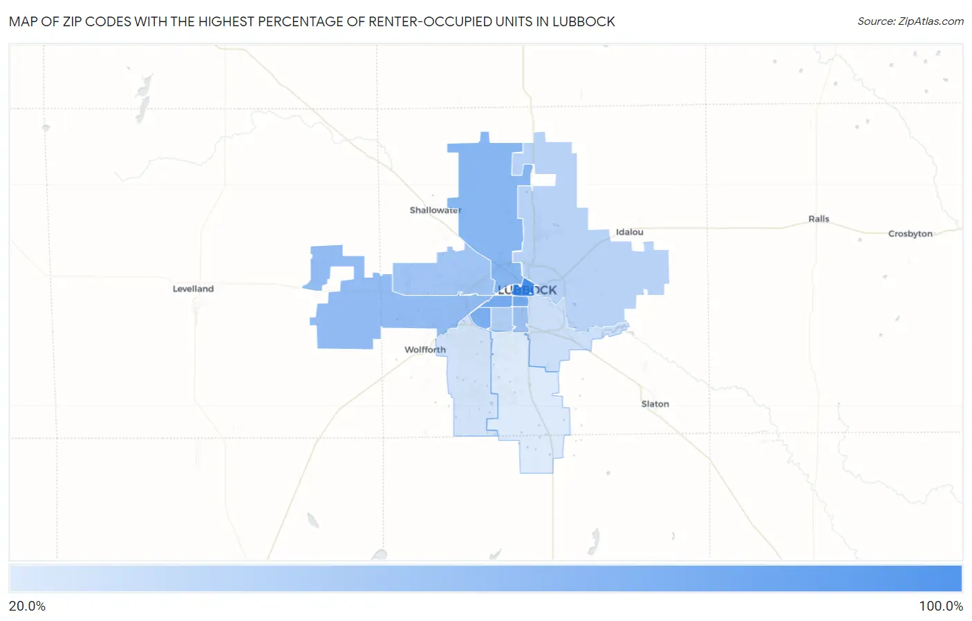 Zip Codes with the Highest Percentage of Renter-Occupied Units in Lubbock Map