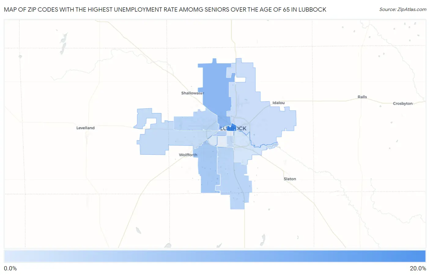 Zip Codes with the Highest Unemployment Rate Amomg Seniors Over the Age of 65 in Lubbock Map