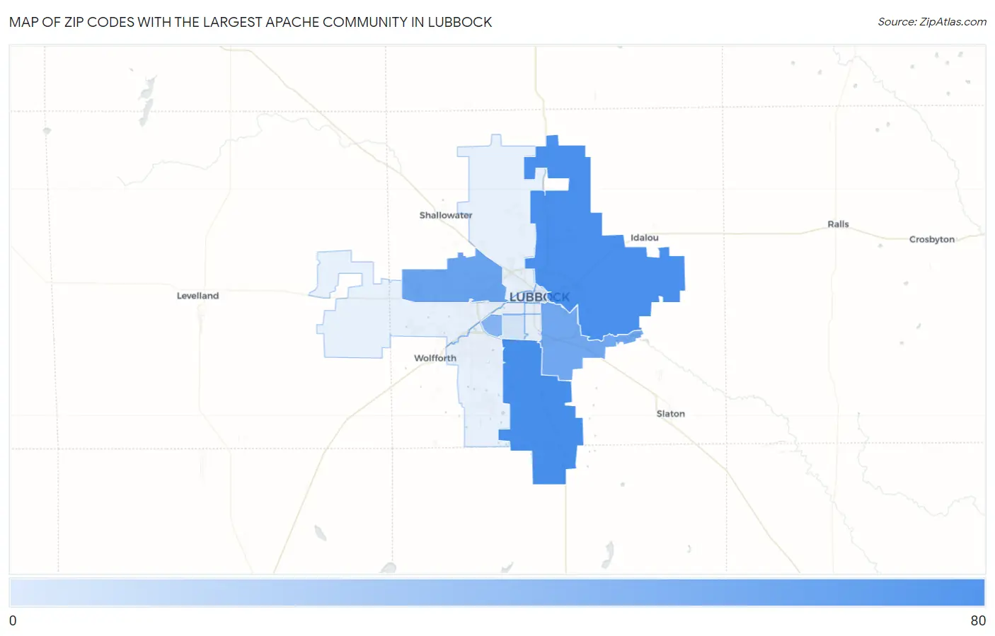 Zip Codes with the Largest Apache Community in Lubbock Map