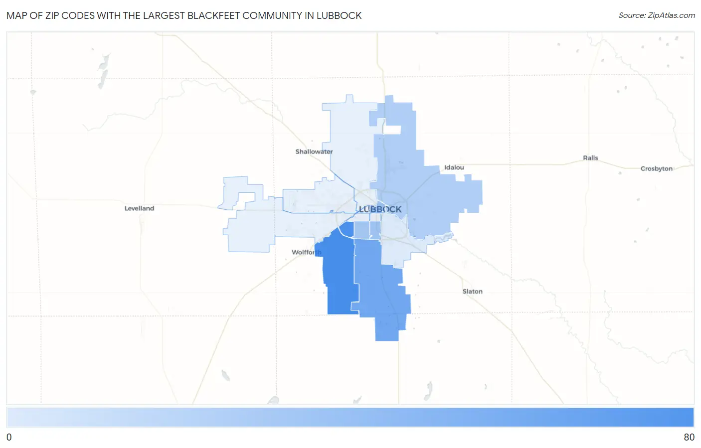 Zip Codes with the Largest Blackfeet Community in Lubbock Map