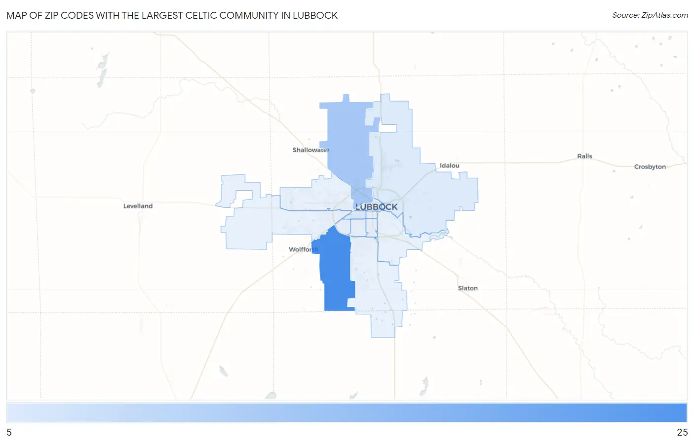 Zip Codes with the Largest Celtic Community in Lubbock Map