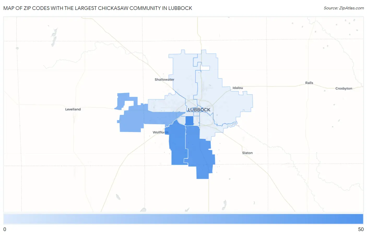 Zip Codes with the Largest Chickasaw Community in Lubbock Map