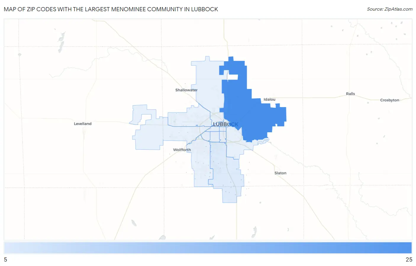 Zip Codes with the Largest Menominee Community in Lubbock Map