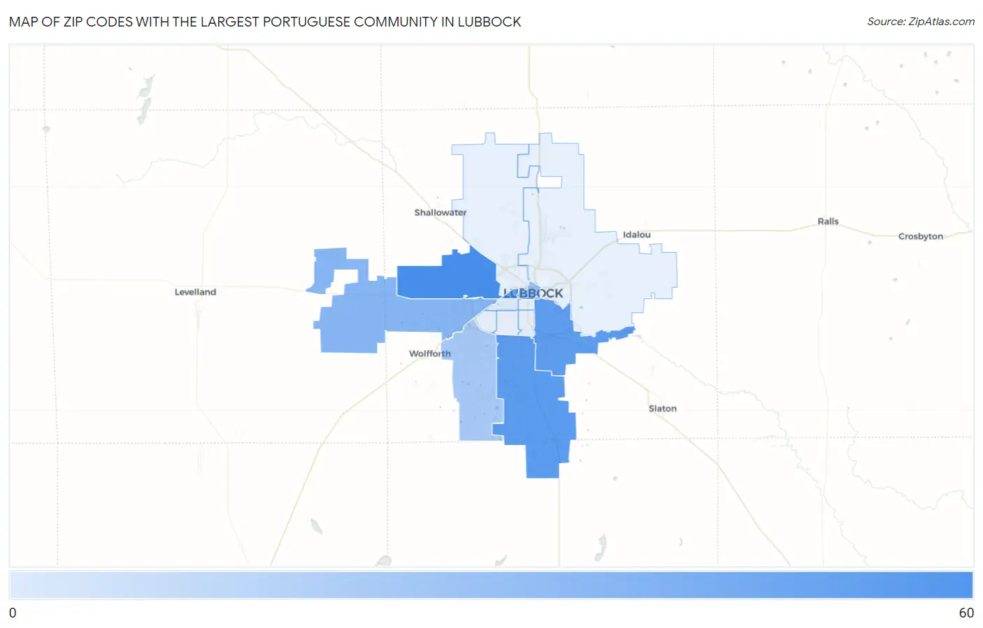 Zip Codes with the Largest Portuguese Community in Lubbock Map