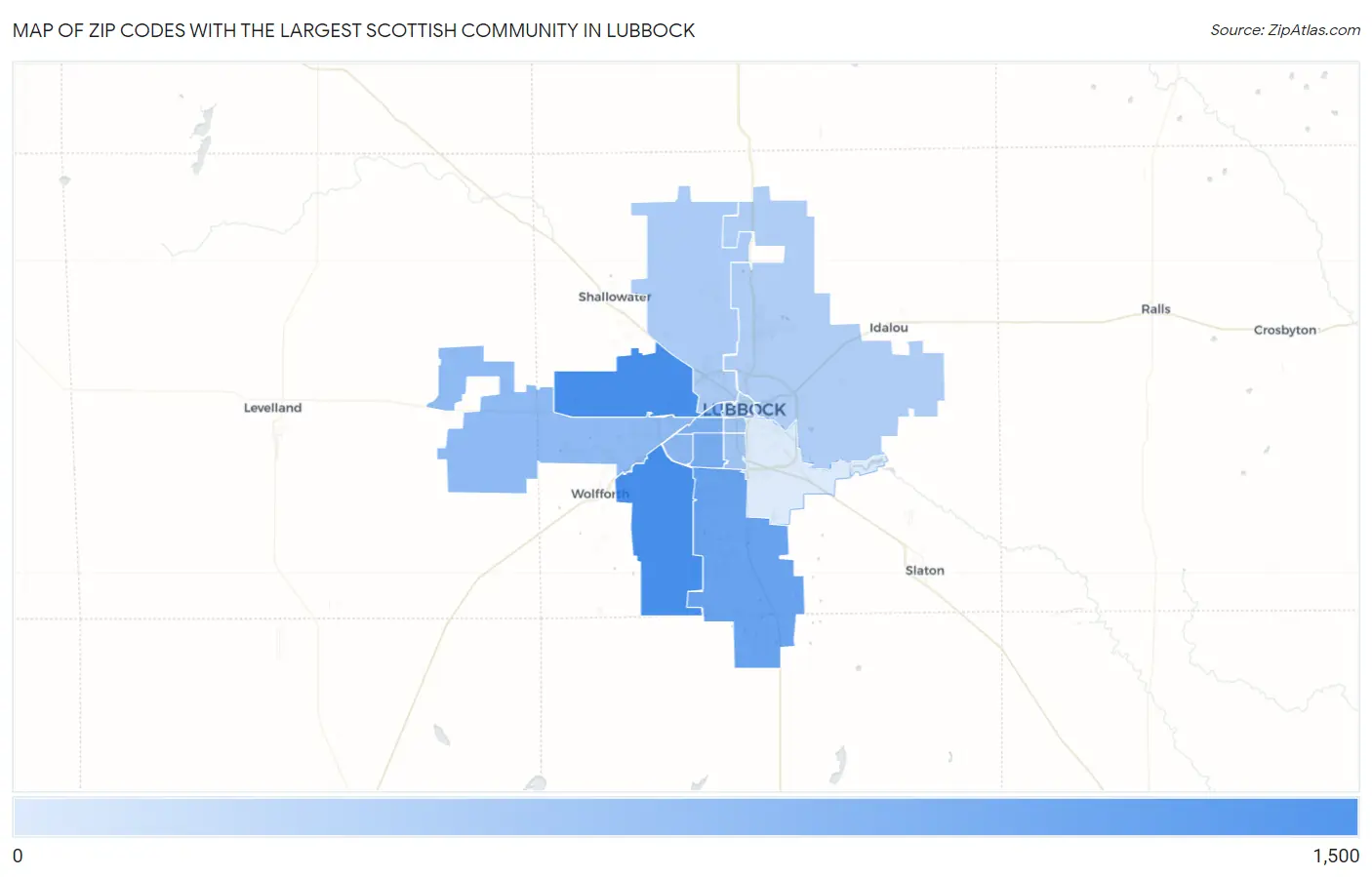 Zip Codes with the Largest Scottish Community in Lubbock Map