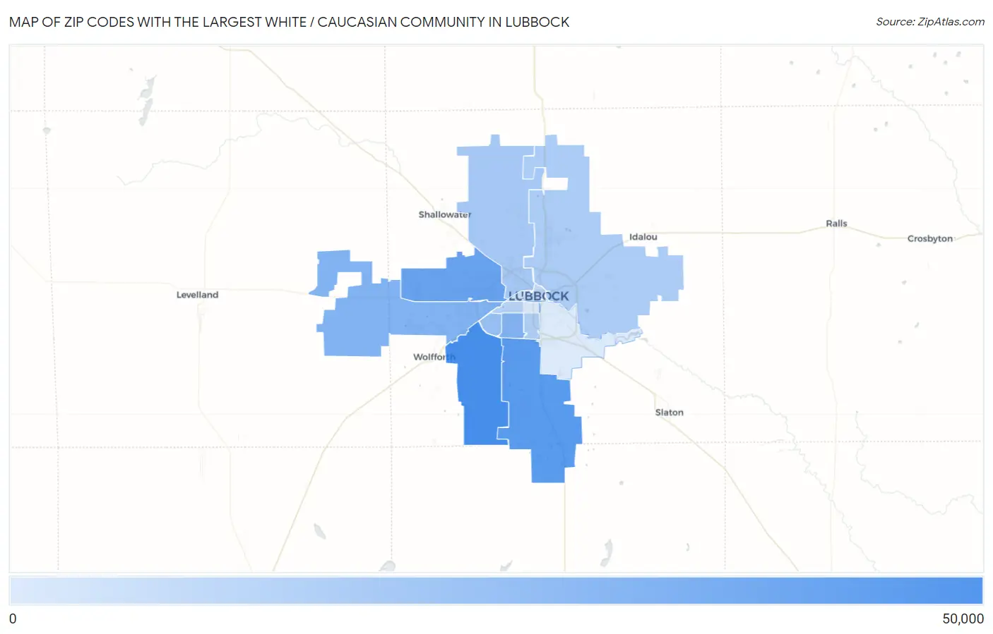 Zip Codes with the Largest White / Caucasian Community in Lubbock Map