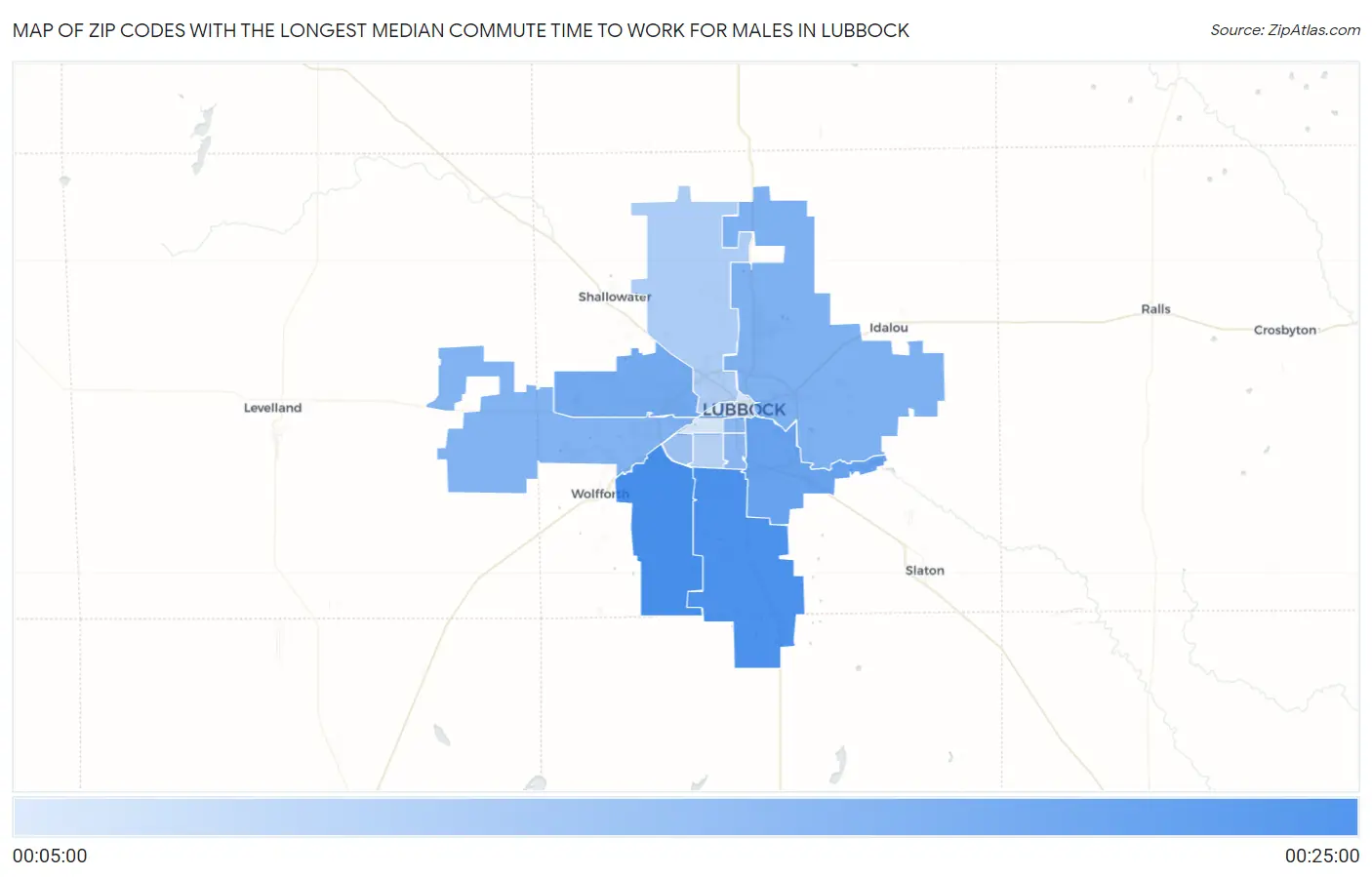 Zip Codes with the Longest Median Commute Time to Work for Males in Lubbock Map