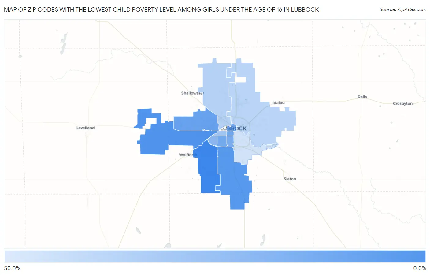 Zip Codes with the Lowest Child Poverty Level Among Girls Under the Age of 16 in Lubbock Map