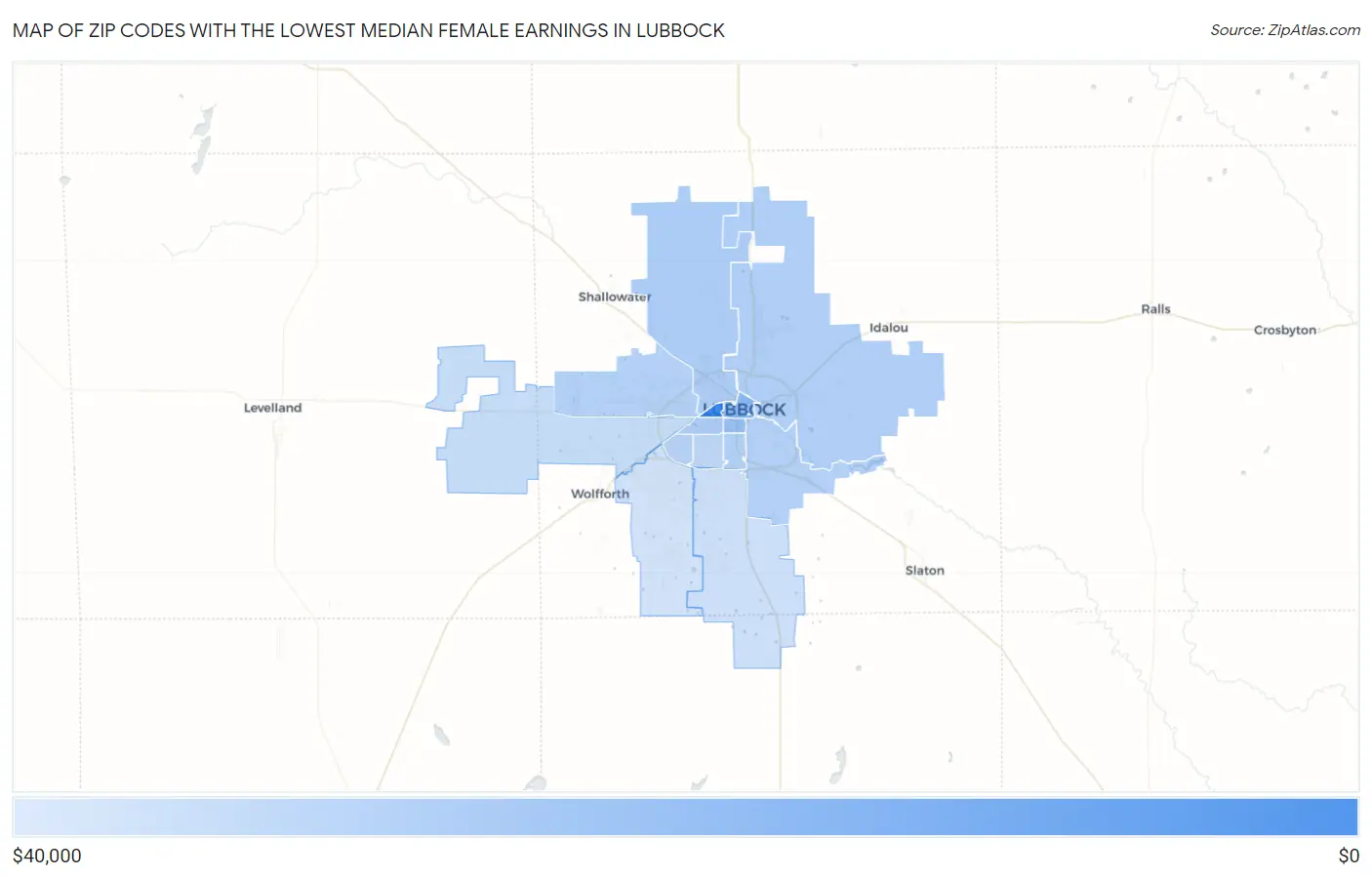 Zip Codes with the Lowest Median Female Earnings in Lubbock Map