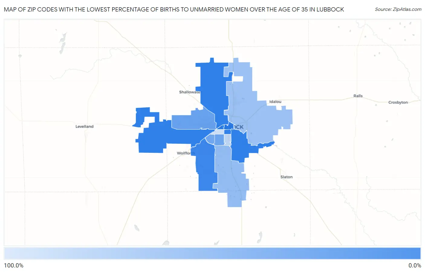 Zip Codes with the Lowest Percentage of Births to Unmarried Women over the Age of 35 in Lubbock Map