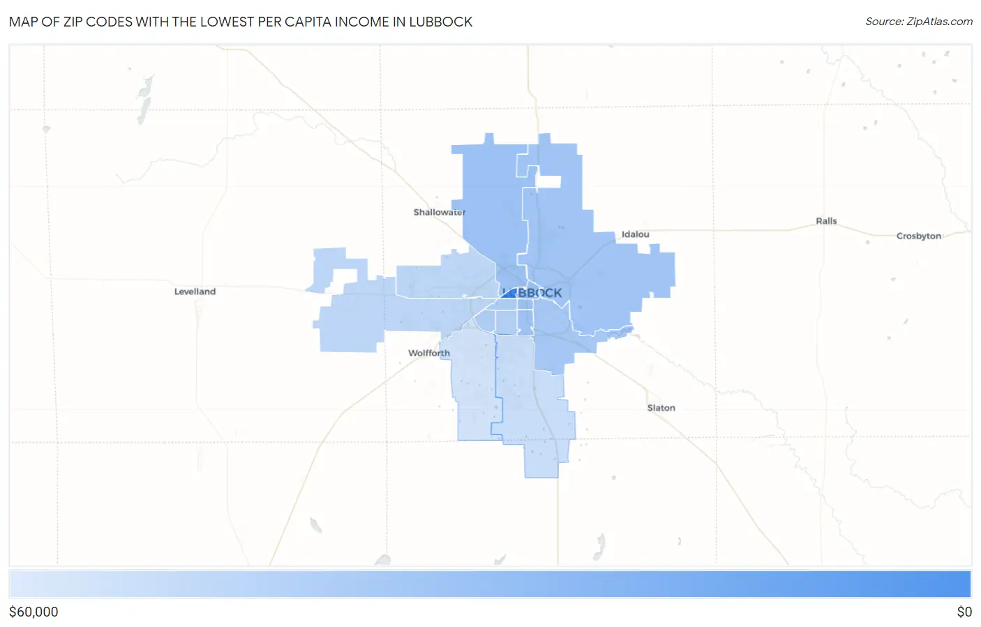 Zip Codes with the Lowest Per Capita Income in Lubbock Map