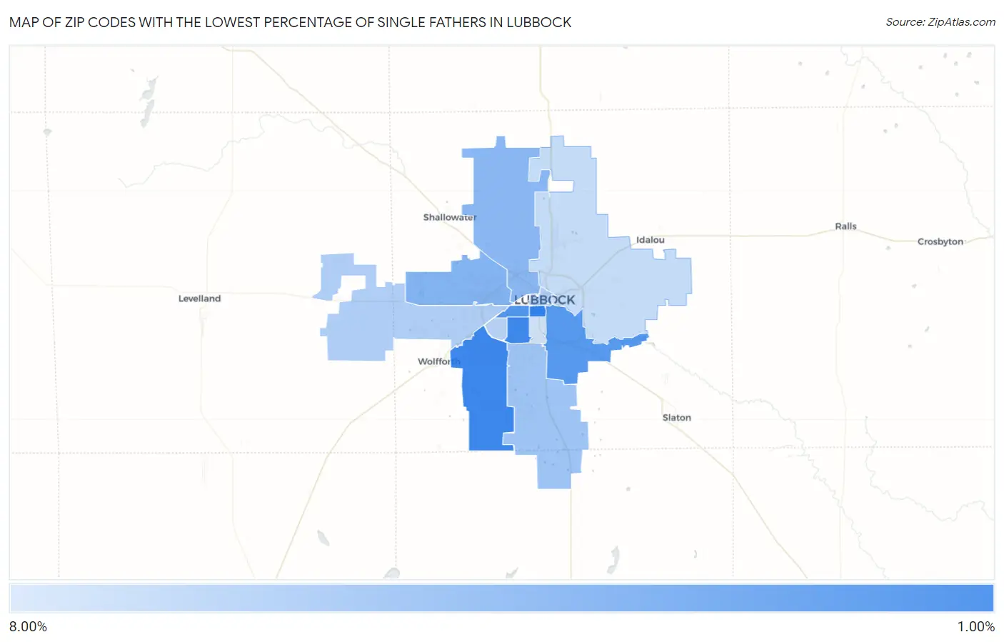 Zip Codes with the Lowest Percentage of Single Fathers in Lubbock Map
