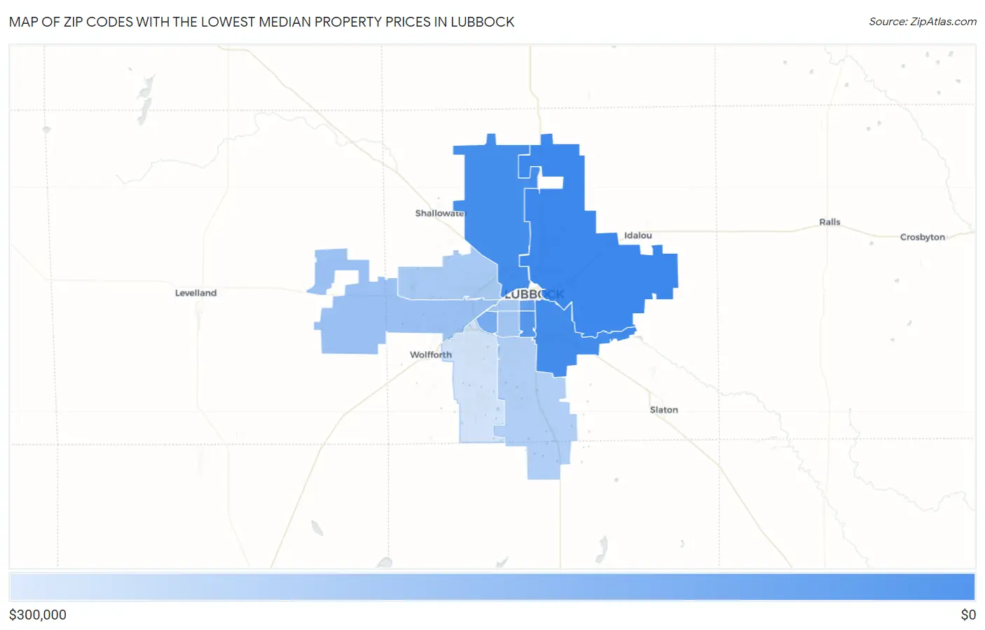 Zip Codes with the Lowest Median Property Prices in Lubbock Map