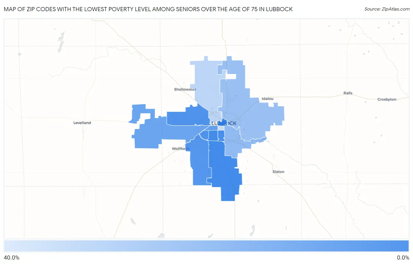 Zip Codes with the Lowest Poverty Level Among Seniors Over the Age of 75 in Lubbock Map