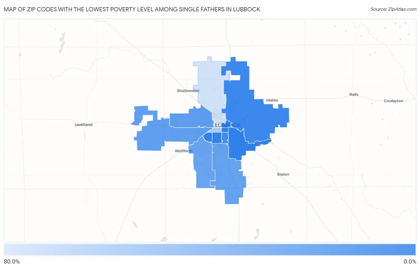 Zip Codes with the Lowest Poverty Level Among Single Fathers in Lubbock Map