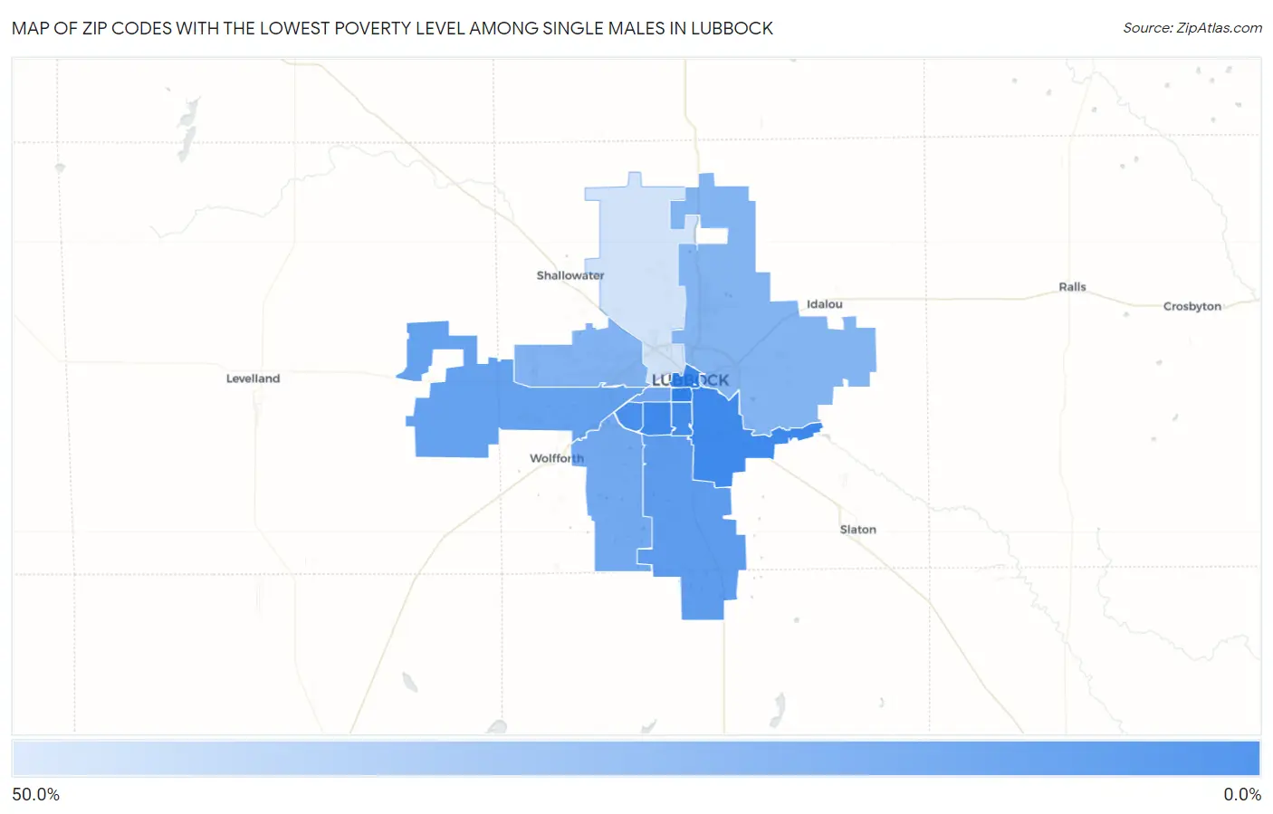 Zip Codes with the Lowest Poverty Level Among Single Males in Lubbock Map