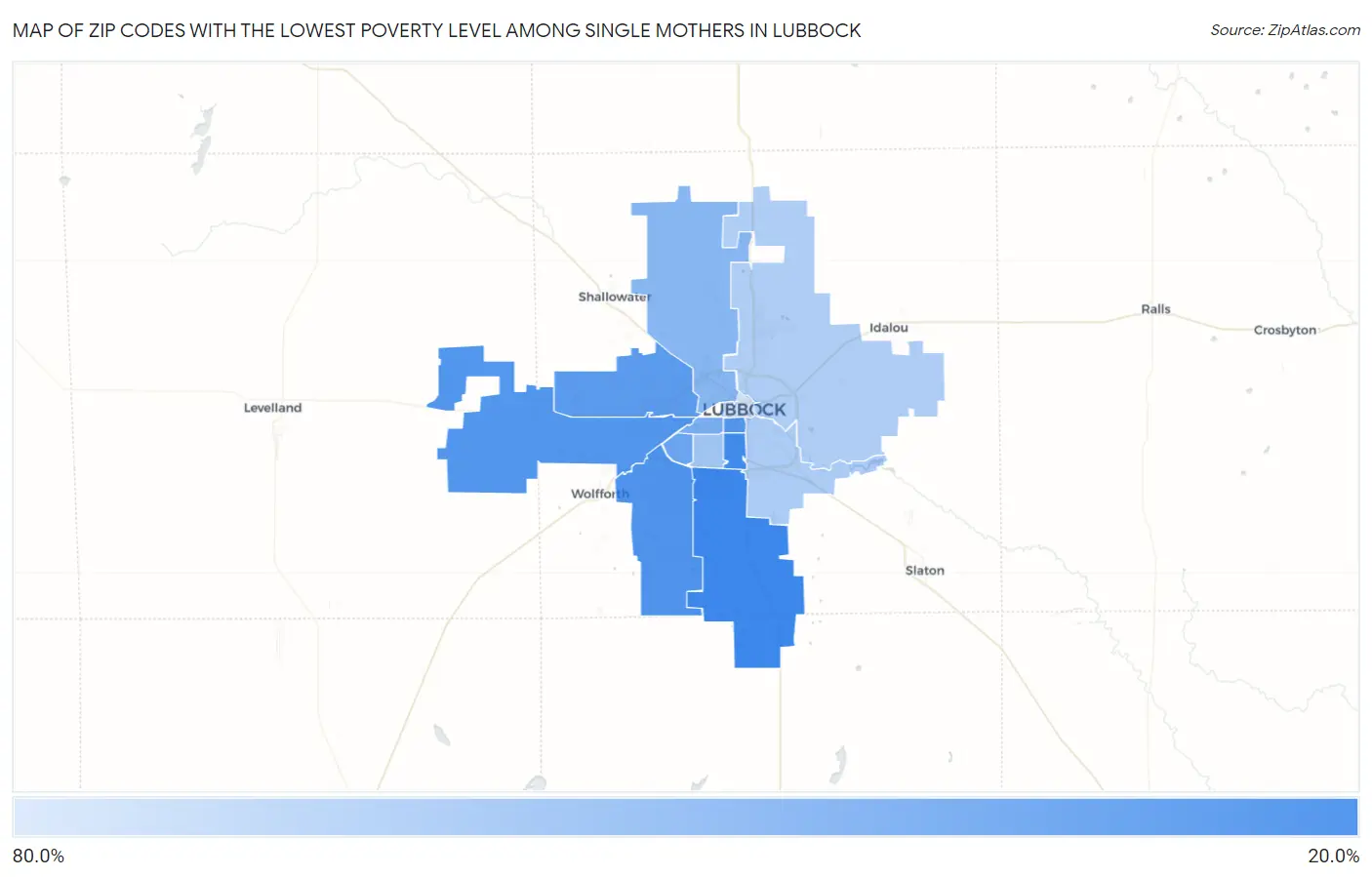 Zip Codes with the Lowest Poverty Level Among Single Mothers in Lubbock Map