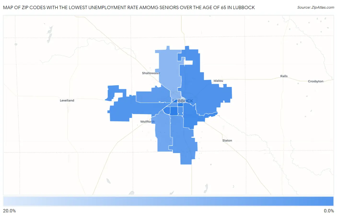 Zip Codes with the Lowest Unemployment Rate Amomg Seniors Over the Age of 65 in Lubbock Map